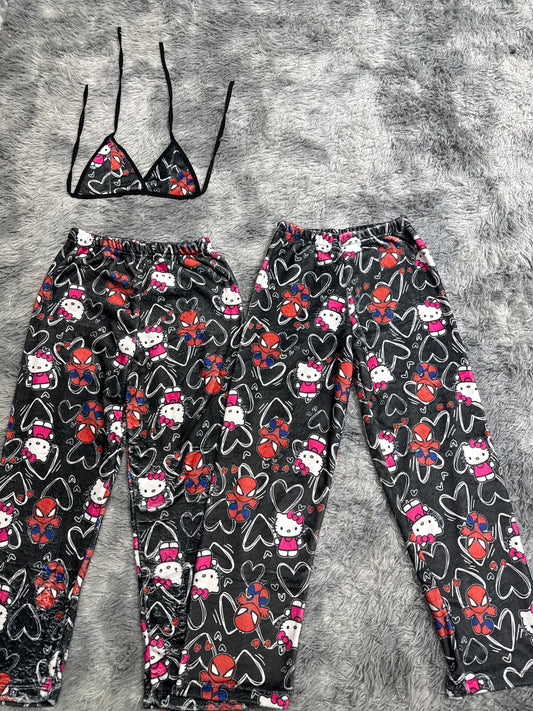 SpiderKitty Black With Hearts White Matching Plushie PJs