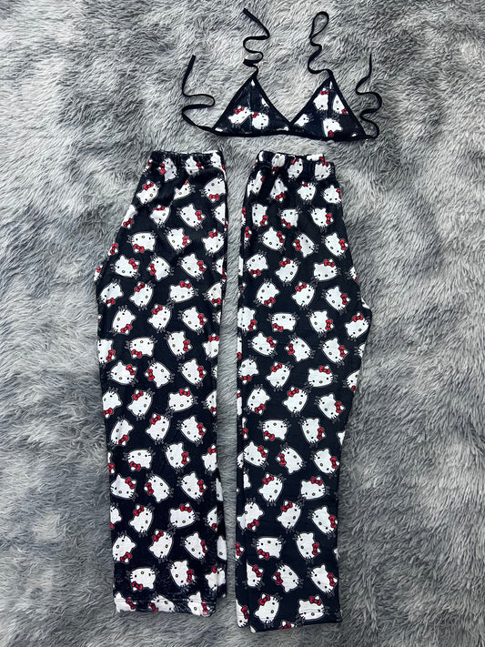Hello Kitty Outlined Background Black Matching Plushie PJs - Fundies