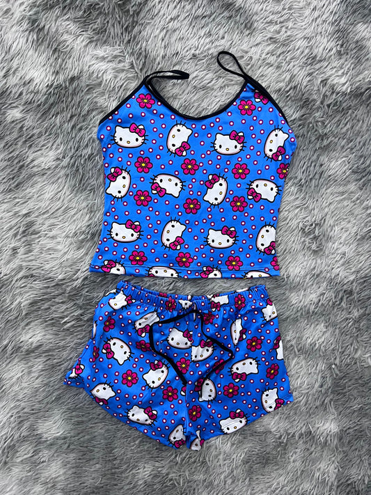 Hello Kitty Little Dots And Flowers Blue Blusa With Short One Size Of Brush Matching Top & Short - Fundies
