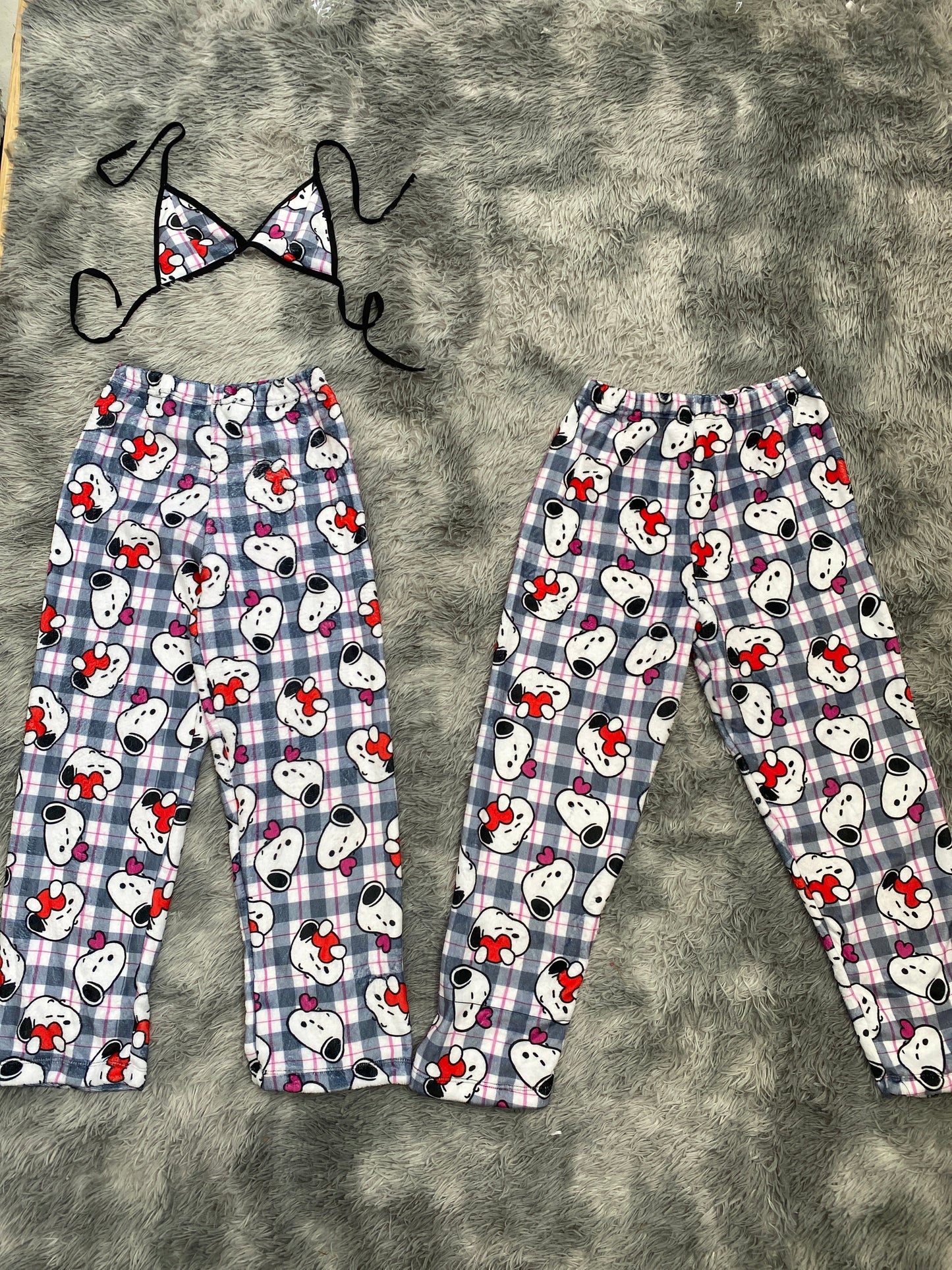 Snoopy Hearts Background Plaid Gray Matching Plushie PJs - Fundies