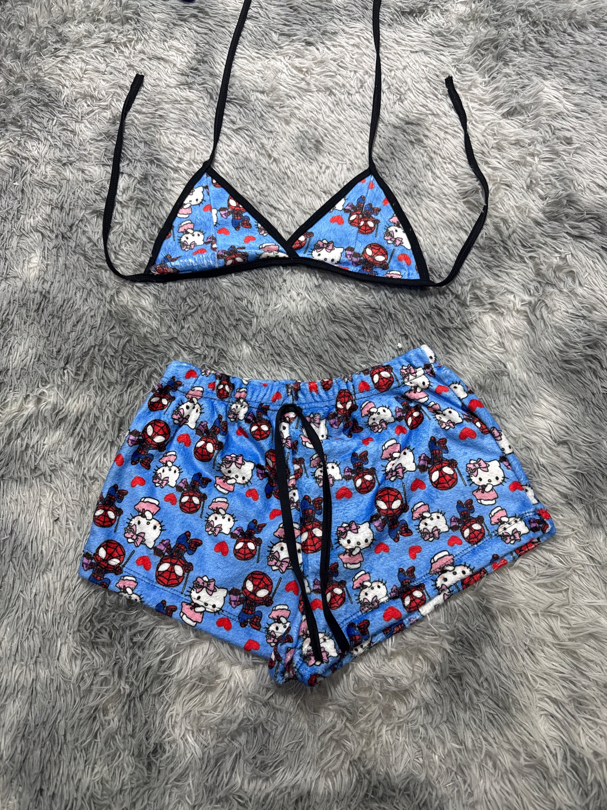 Kitty And Spider-Man Background Blue Matching Top & Short - Fundies