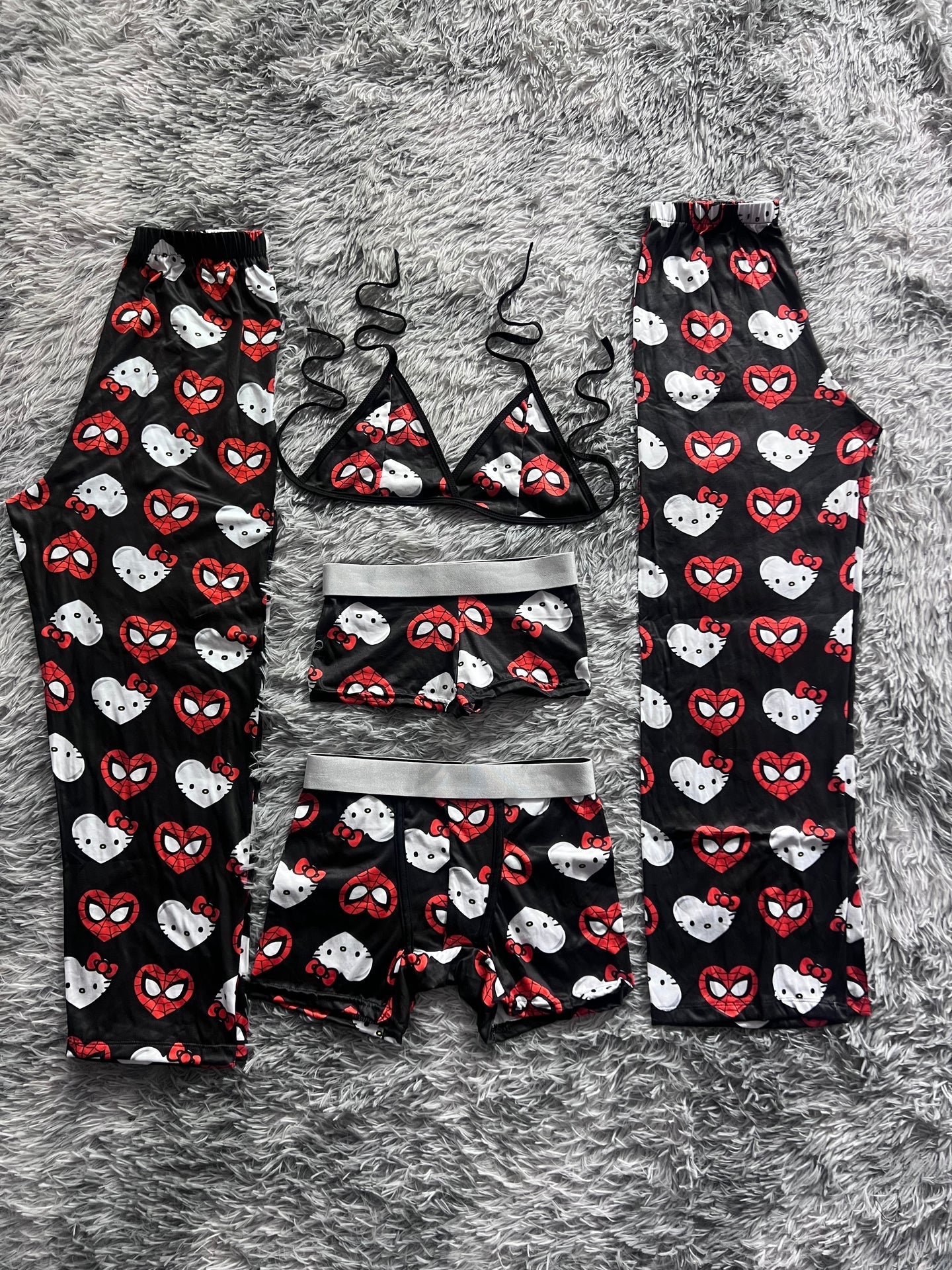 Spider Kitty Hearts Background Black 5 Piece PJ - Fundies