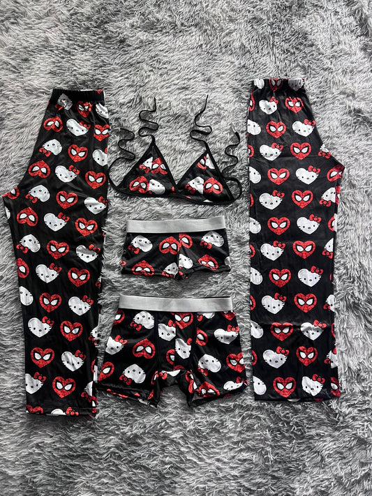 Spider Kitty Hearts Background Black 5 Piece PJ - Fundies