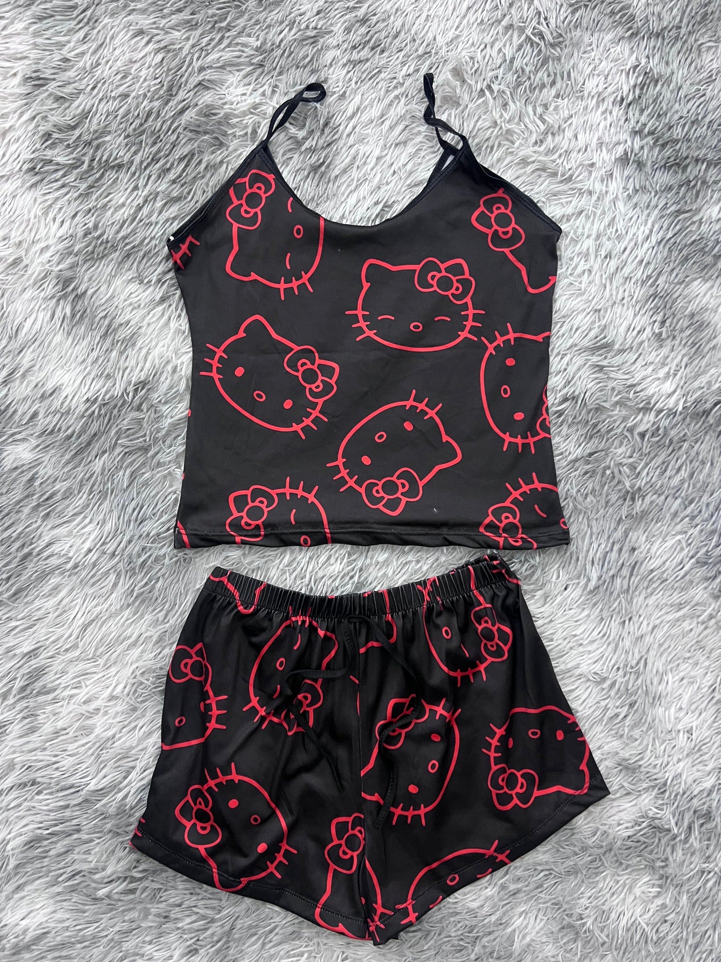 Hello Kitty Red Background Black Brush Matching Top & Short - Fundies
