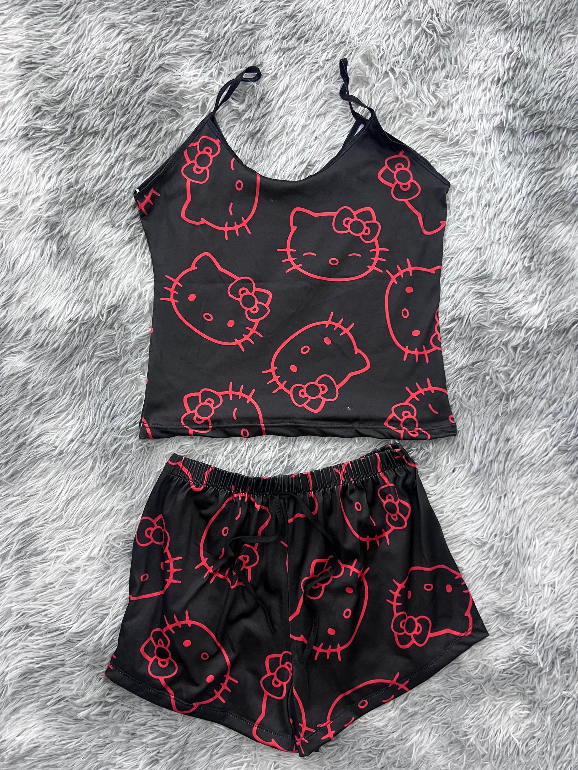Hello Kitty Red Background Black Brush Matching Top & Short - Fundies
