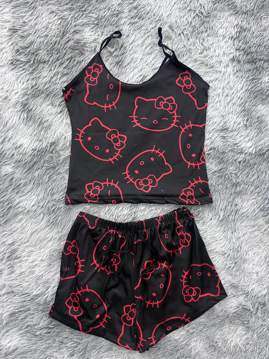 Hello Kitty Red Background Black Brush Matching Top & Short - Fundies