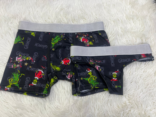 Grinch with gifts and christmas tree black background matching couples underwear christmas