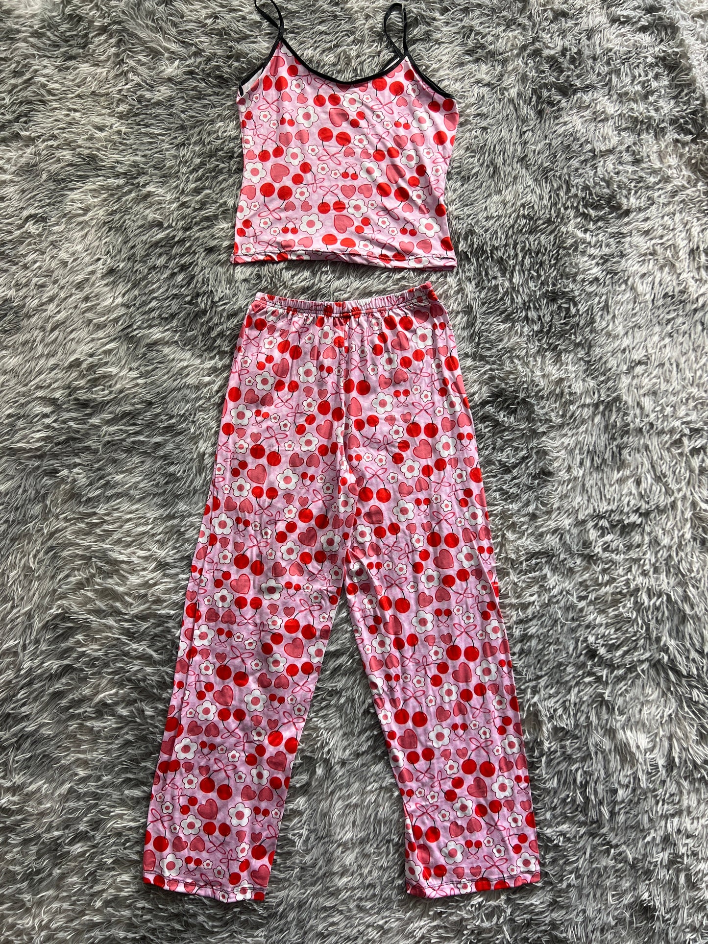 Flowers, Cherries And Hearts Pink Women's Pajama Set - Fundies