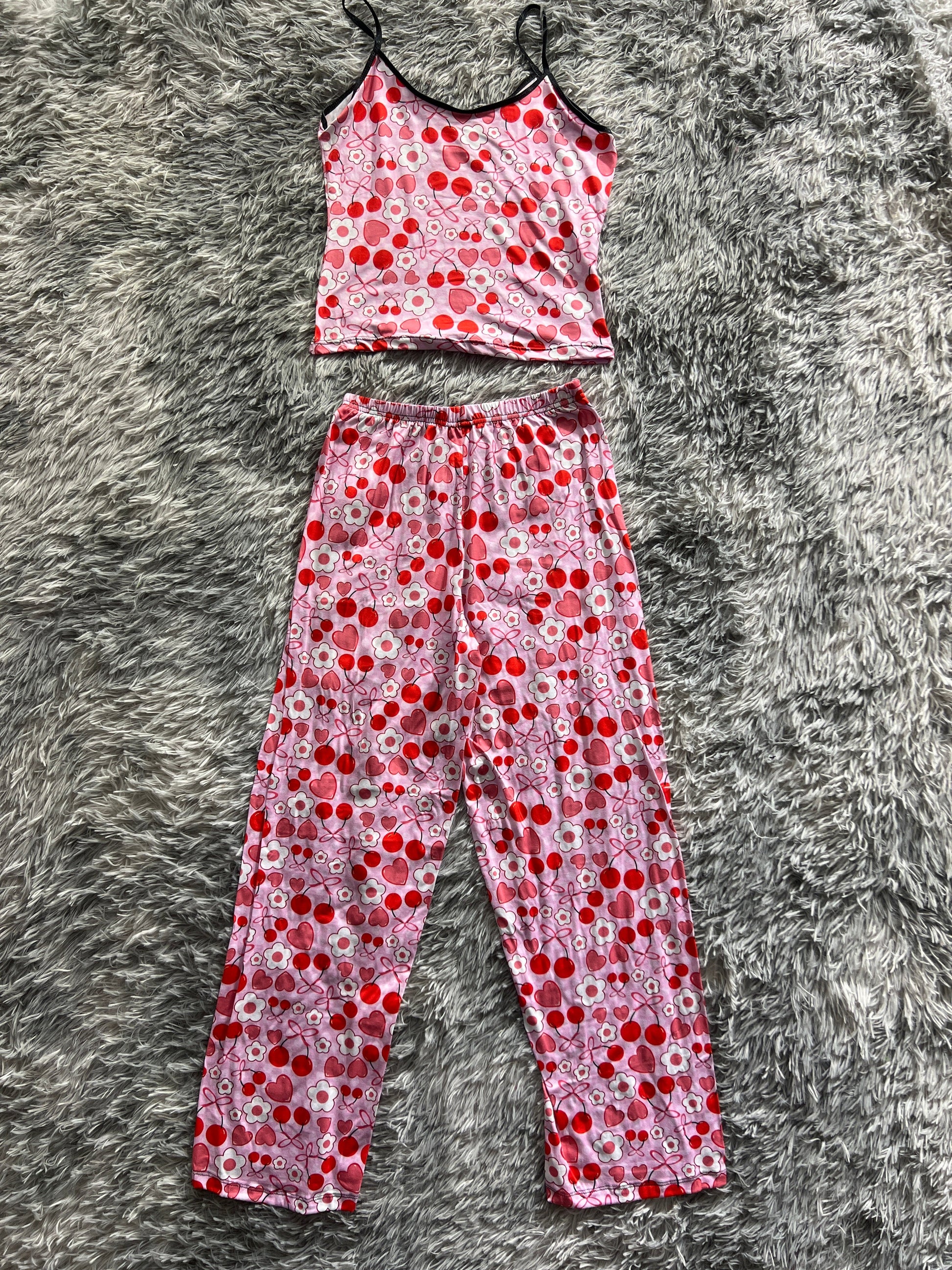Flowers, Cherries And Hearts Pink Women's Pajama Set - Fundies