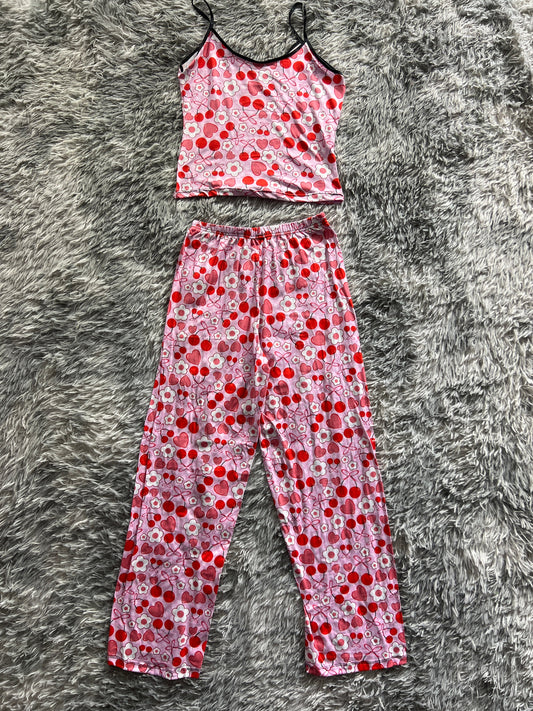 Flowers, Cherries And Hearts Pink Women's Pajama Set - Fundies