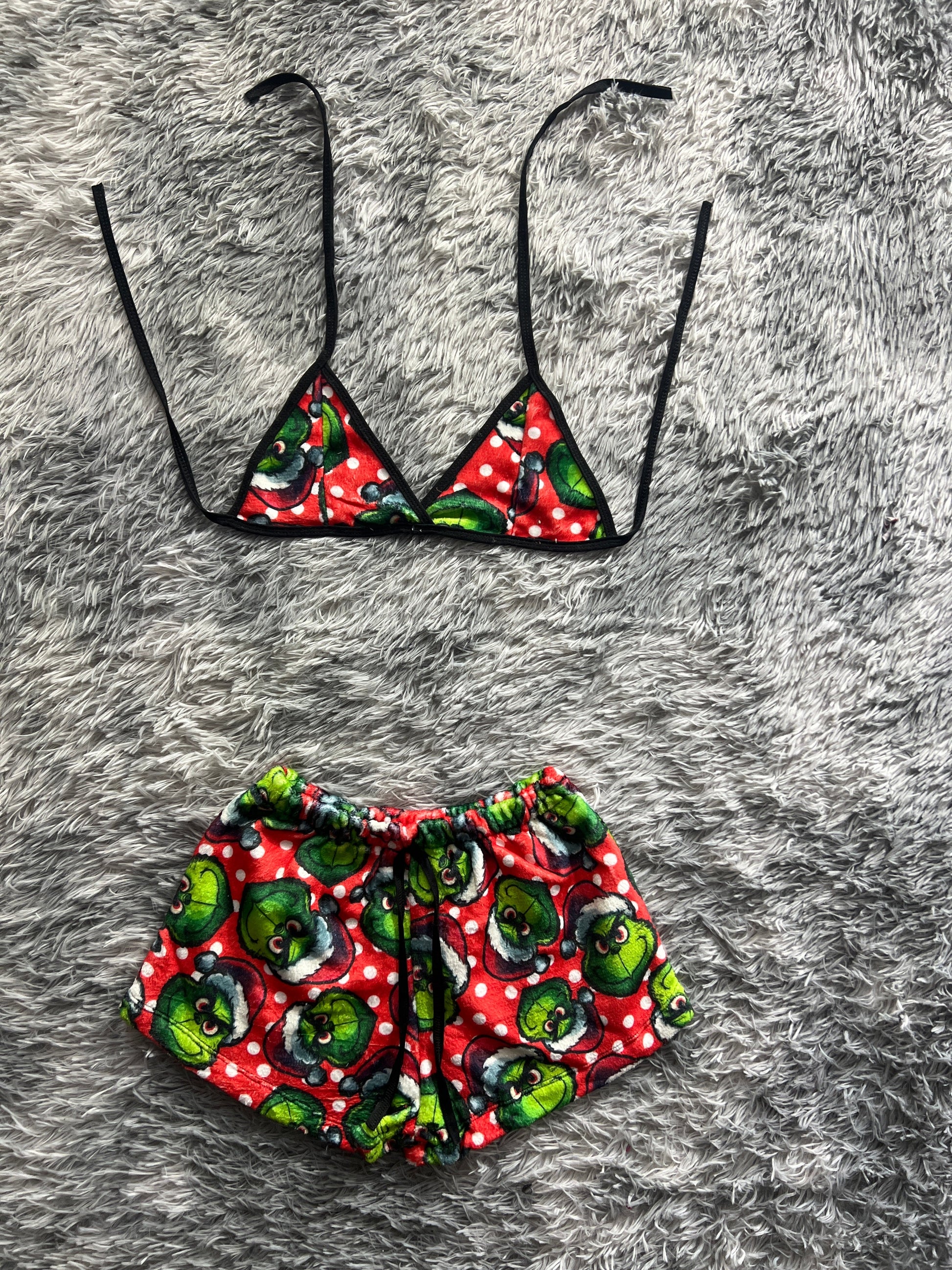 The Grinch Christmas Background Red With Dots White Matching Top & Short - Fundies