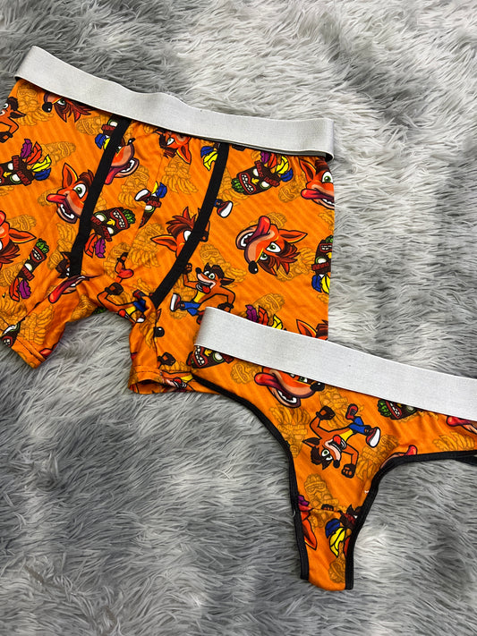 Crash Bandicoot Matching Couples Underwear Set Men's Boxers And Women's Thong For Gaming Couples