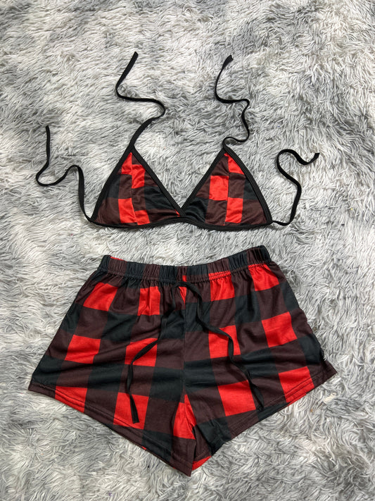 Plaid Red And Black Matching Top & Short