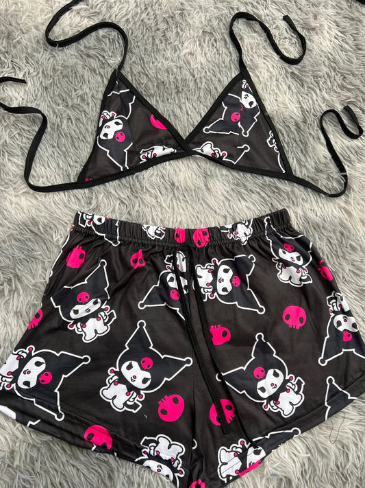 Kuromy Skulls Pink Black Background Top And Short PJs