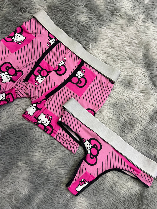 Hello Kitty Pink Matching Couples Underwear Coordinated Set For Men Boxers And Women Thong