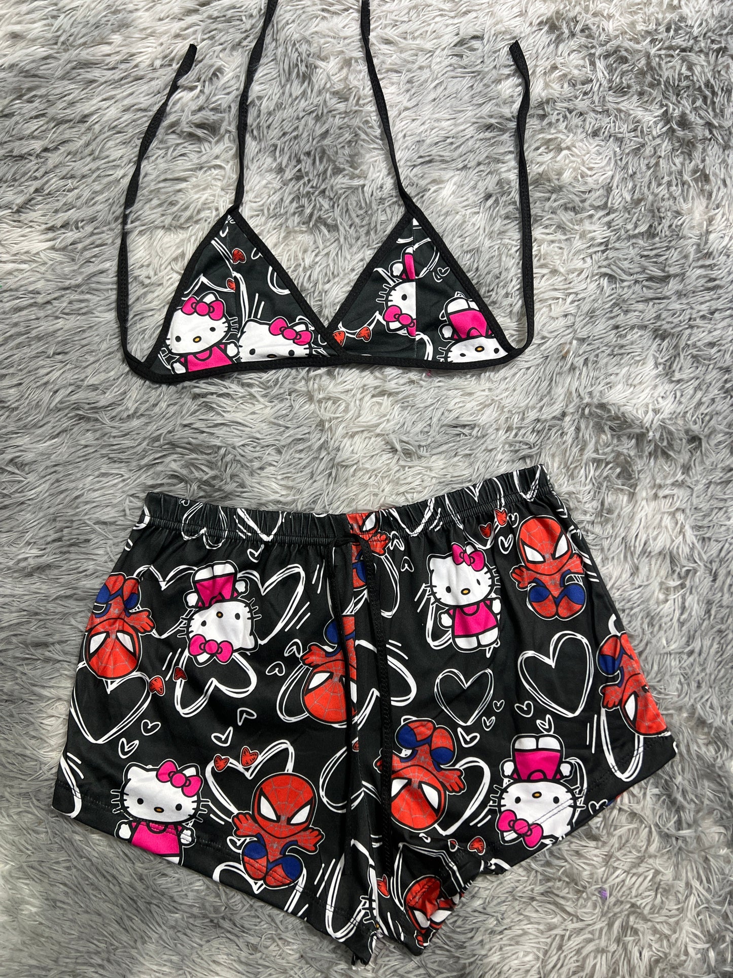 SpiderKitty Black With Hearts White Brush Matching Top & Short - Fundies