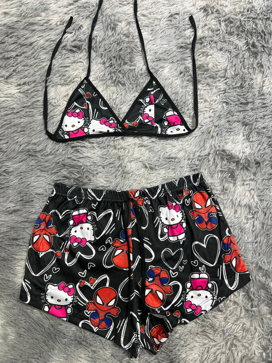 SpiderKitty Black With Hearts White Brush Matching Top & Short - Fundies
