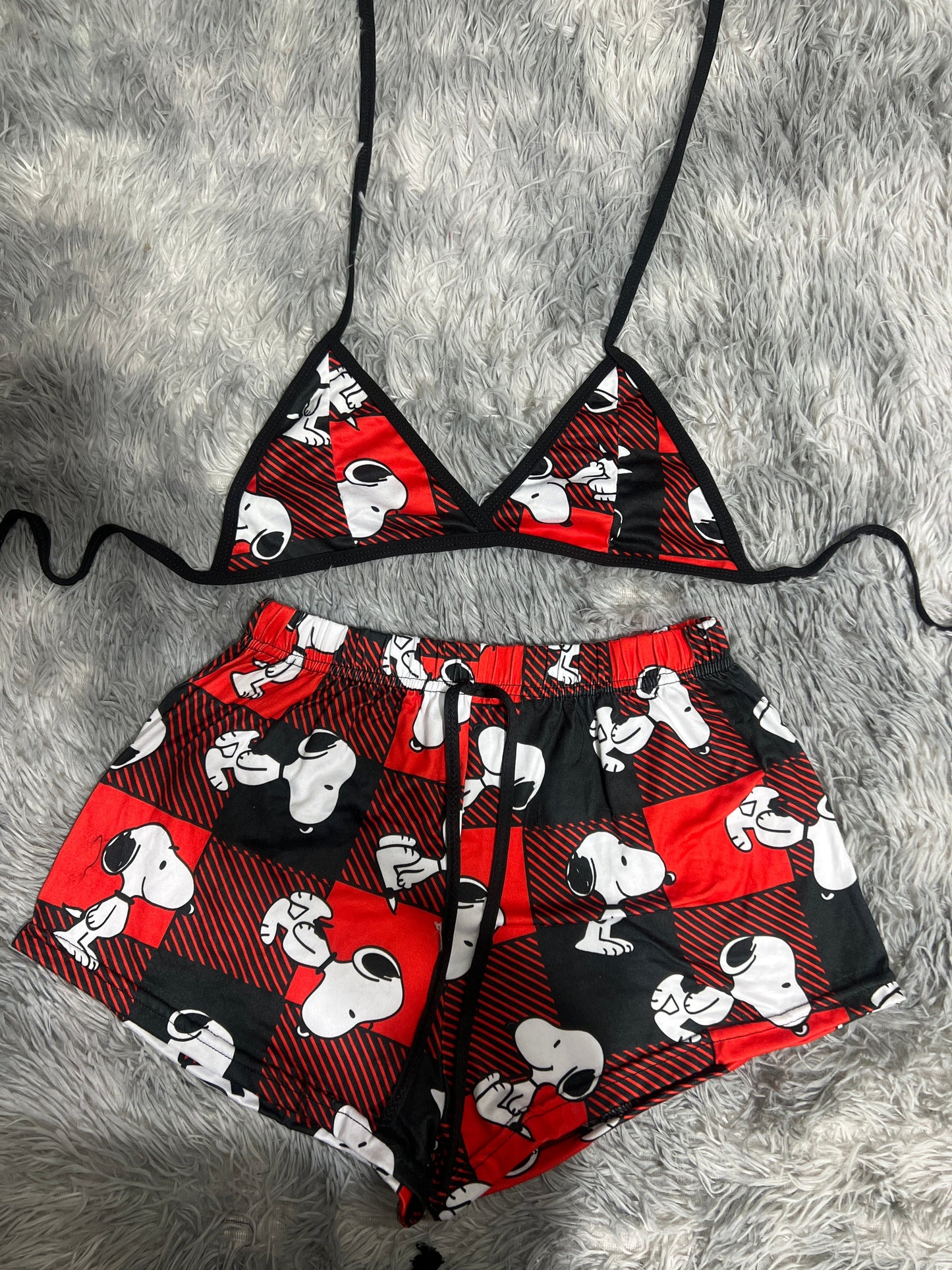 Snoopy Plaid Red And Black Brush Matching Top & Short - Fundies