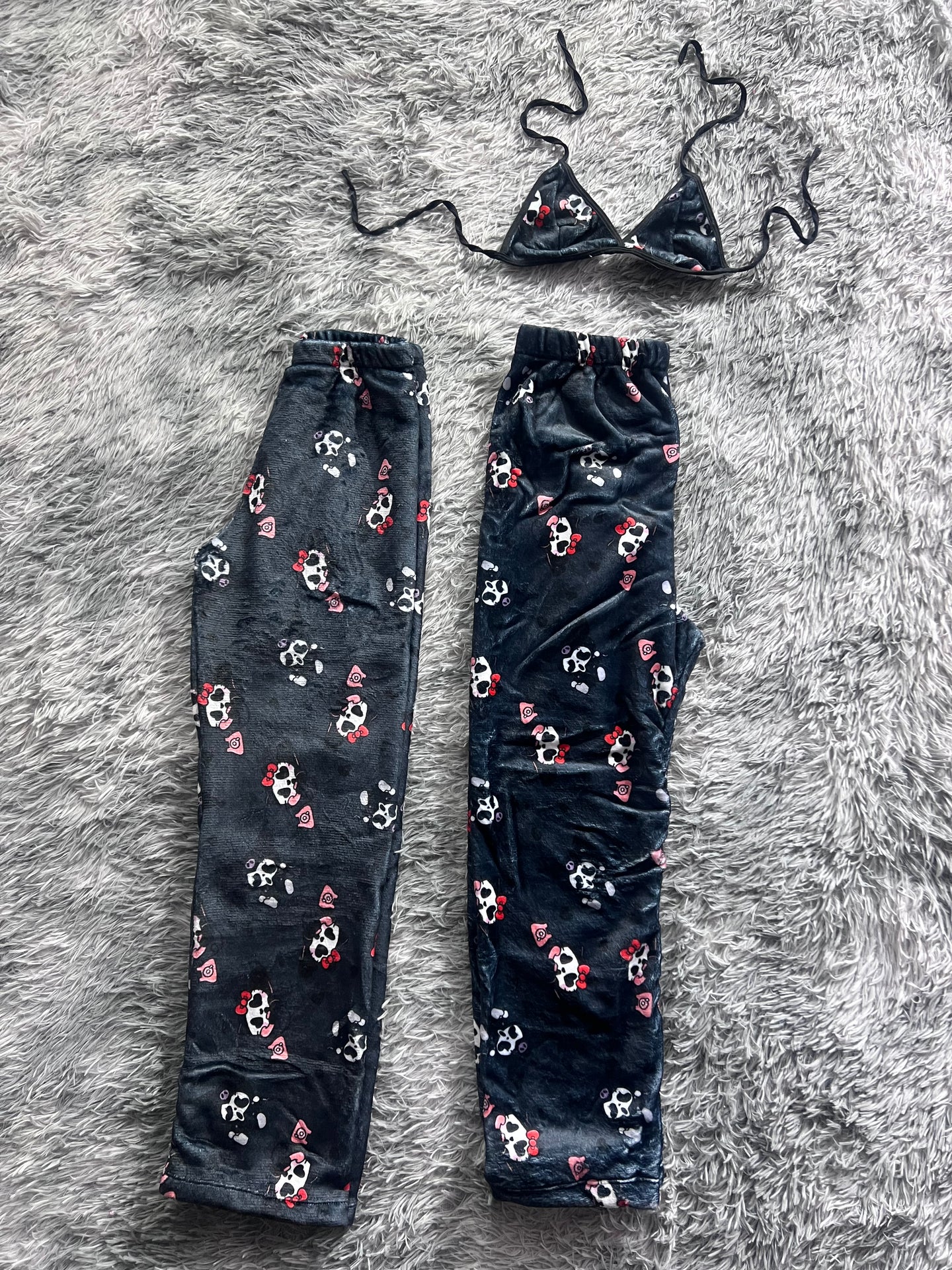 Hello Kitty And Kuromi Background Black Halloween Matching Plushie PJs - Fundies