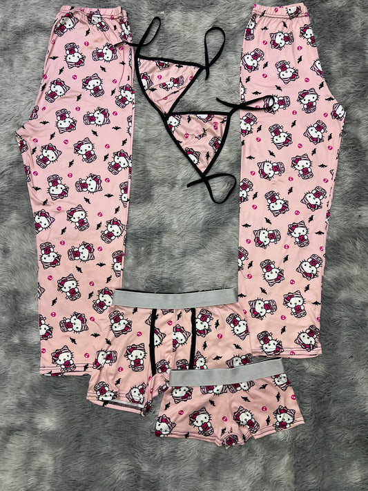 Kitty dressed as a pink background mummy Halloween 5 pcs pajama duo