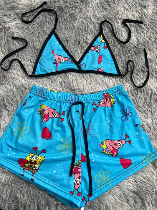 SpongeBob And Patrick Hearts Background Blue Matching Top & Short