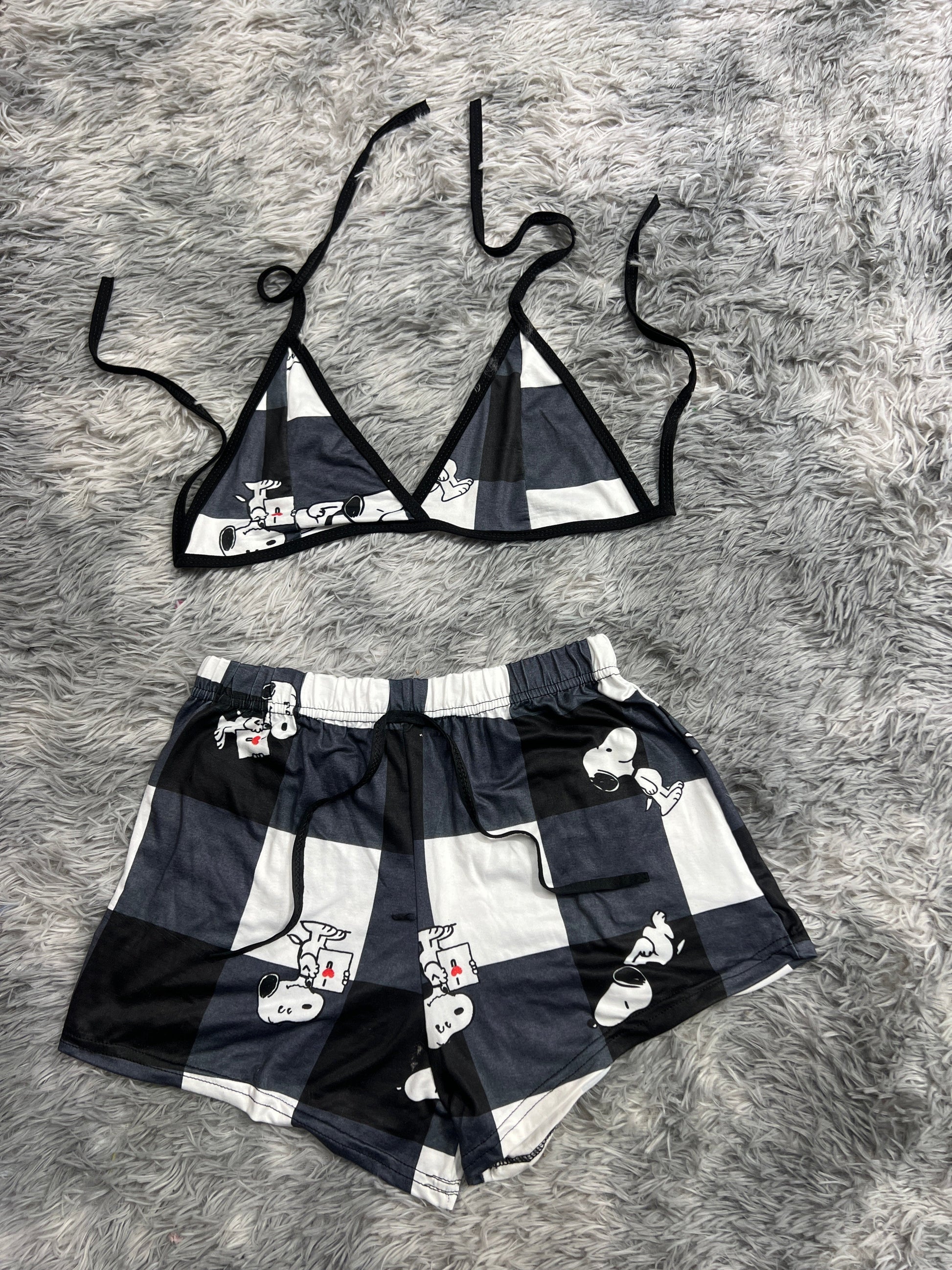 Snoopy Plaid Black And White Brush Matching Top & Short - Fundies