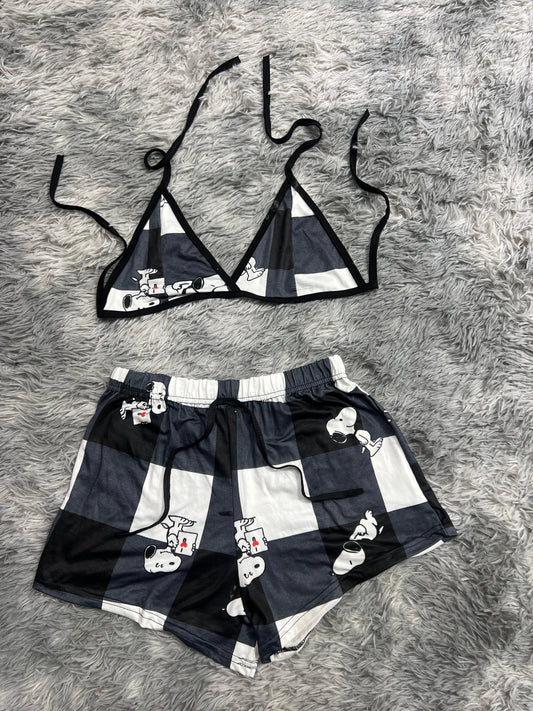 Snoopy Plaid Black And White Brush Matching Top & Short - Fundies