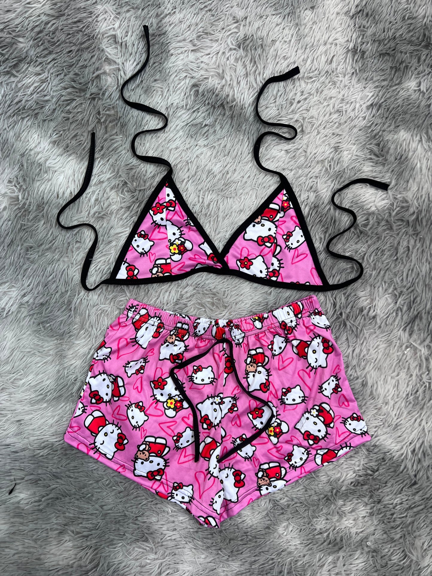 Hello Kitty With Plush Background Of Hearts Brush Matching Top & Short - Fundies