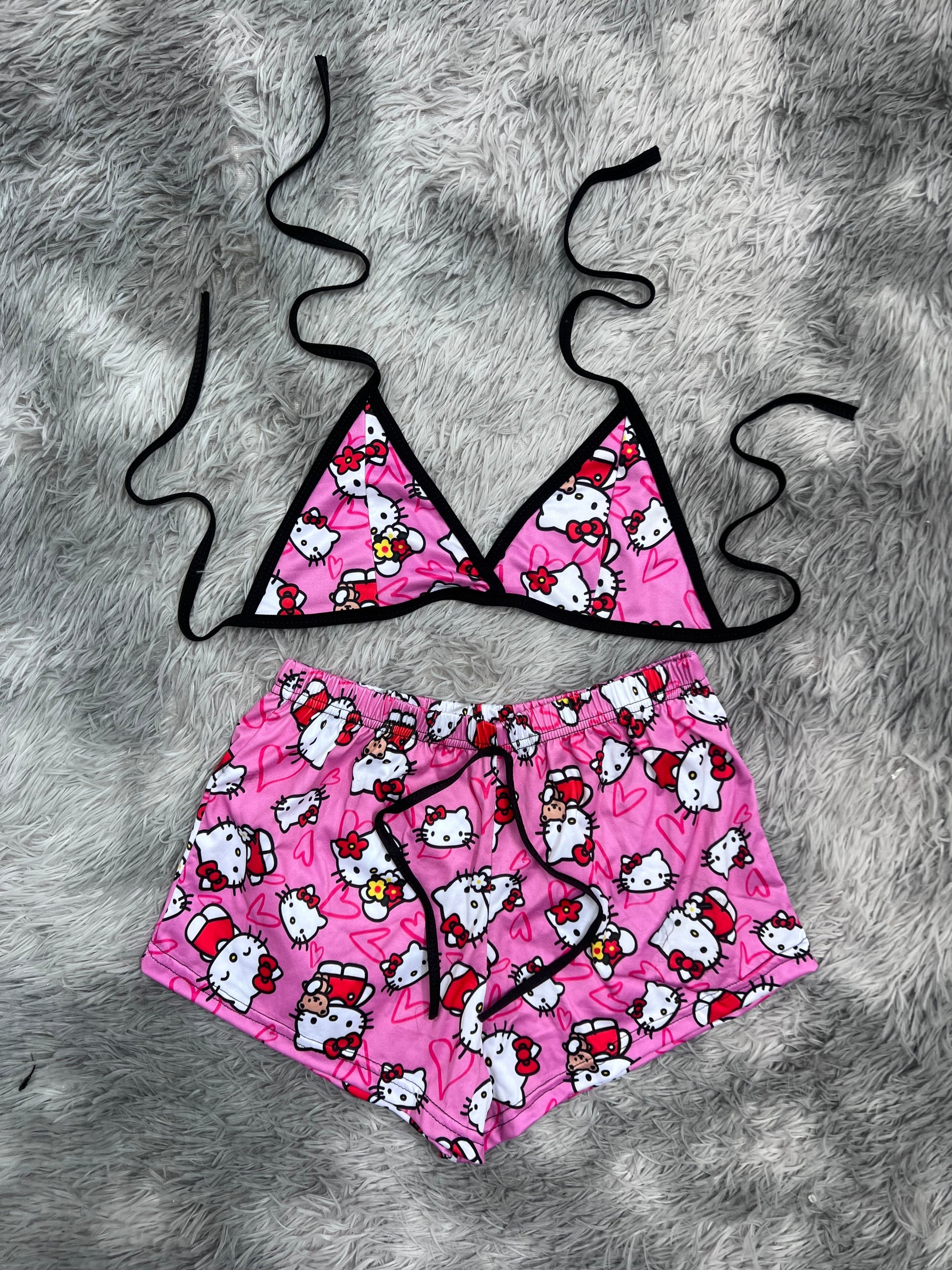 Hello Kitty With Plush Background Of Hearts Brush Matching Top & Short - Fundies