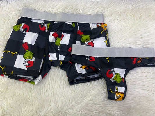 Grinch white squares matching couples underwear christmas