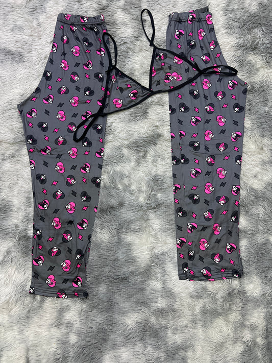 Kitty And Kuromi heart gray background Plush pajama duo