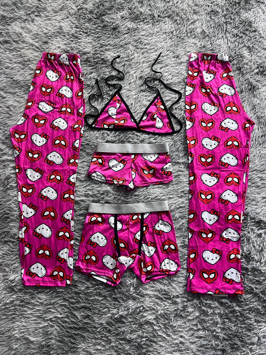 Spider Kitty Hearts Background Pink 5 Piece PJ