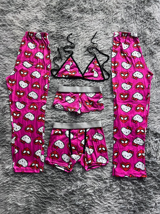 Spider Kitty Hearts Background Pink 5 Piece PJ - Fundies