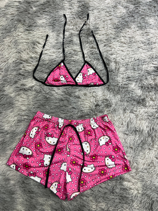 Hello Kitty Pink With Flowers And Dots White Brush Matching Top & Short - Fundies