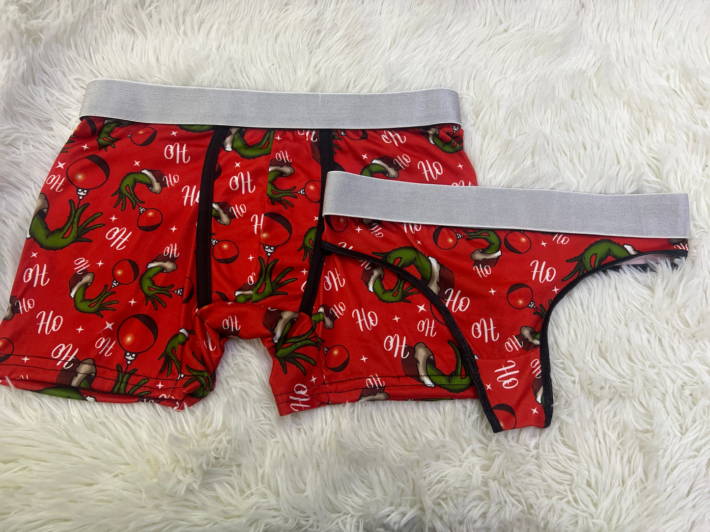 Grinch with red christmas balls matching couples underwear christmas