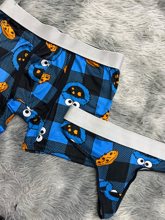 Cookie Monster Matching Couples Underwear Set For Him And Her With Coordinated Boxers And Thong