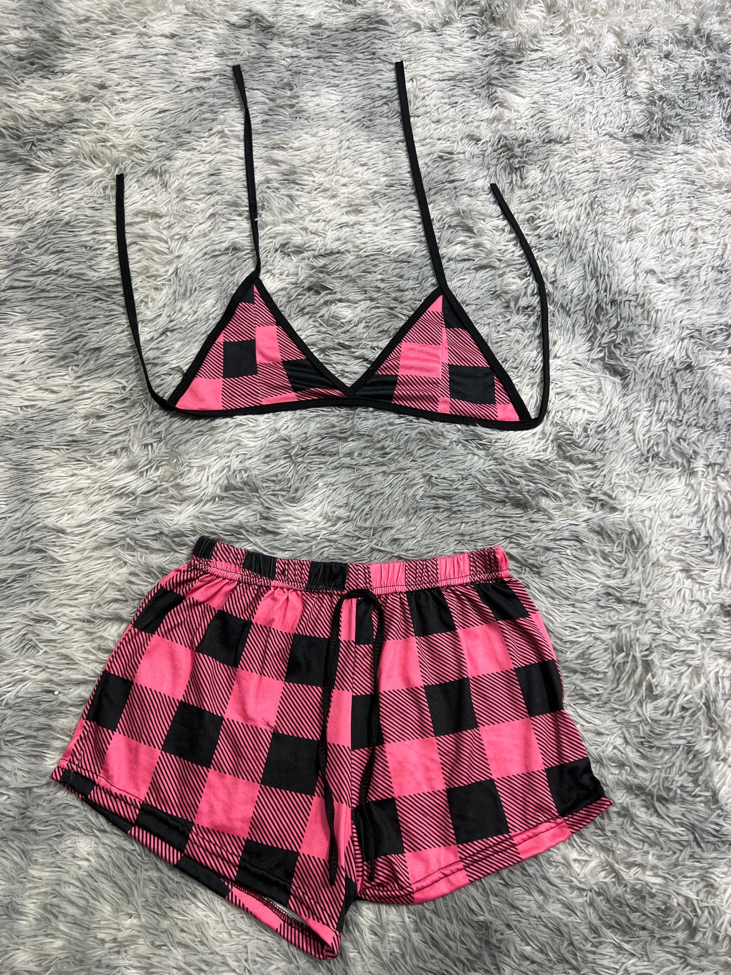 Plaid Pink And Black Brush Matching Top & Short - Fundies