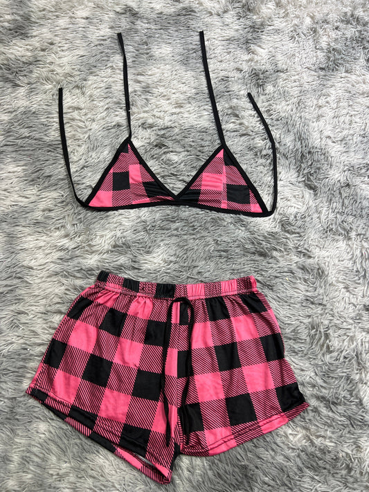 Plaid Pink And Black Brush Matching Top & Short - Fundies