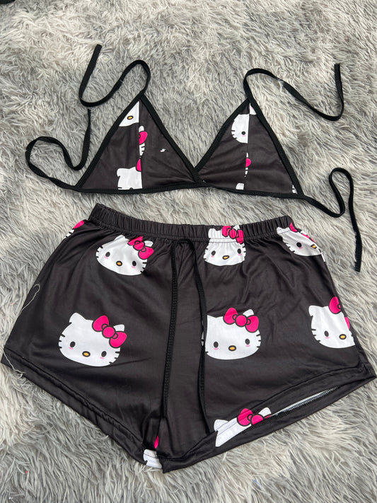 Hello Kitty Faces Background Black Matching Top & Short