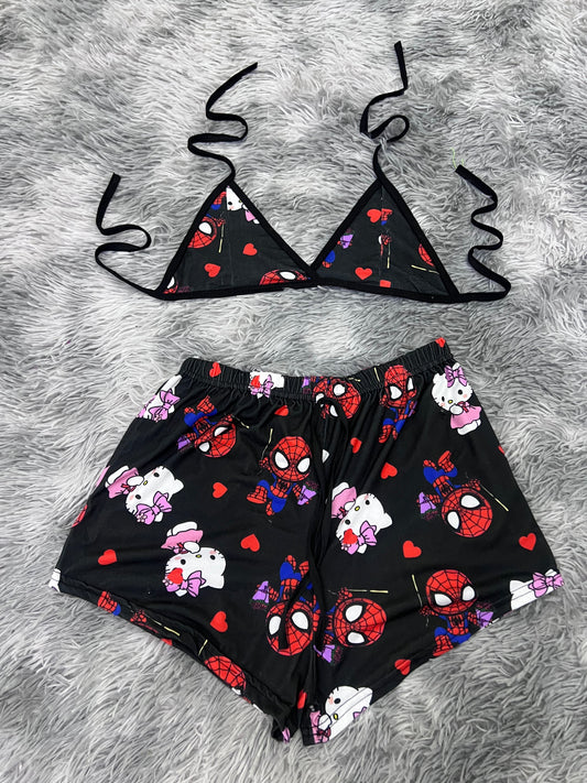SpiderKitty Flowers Background Black Brush Matching Top & Short