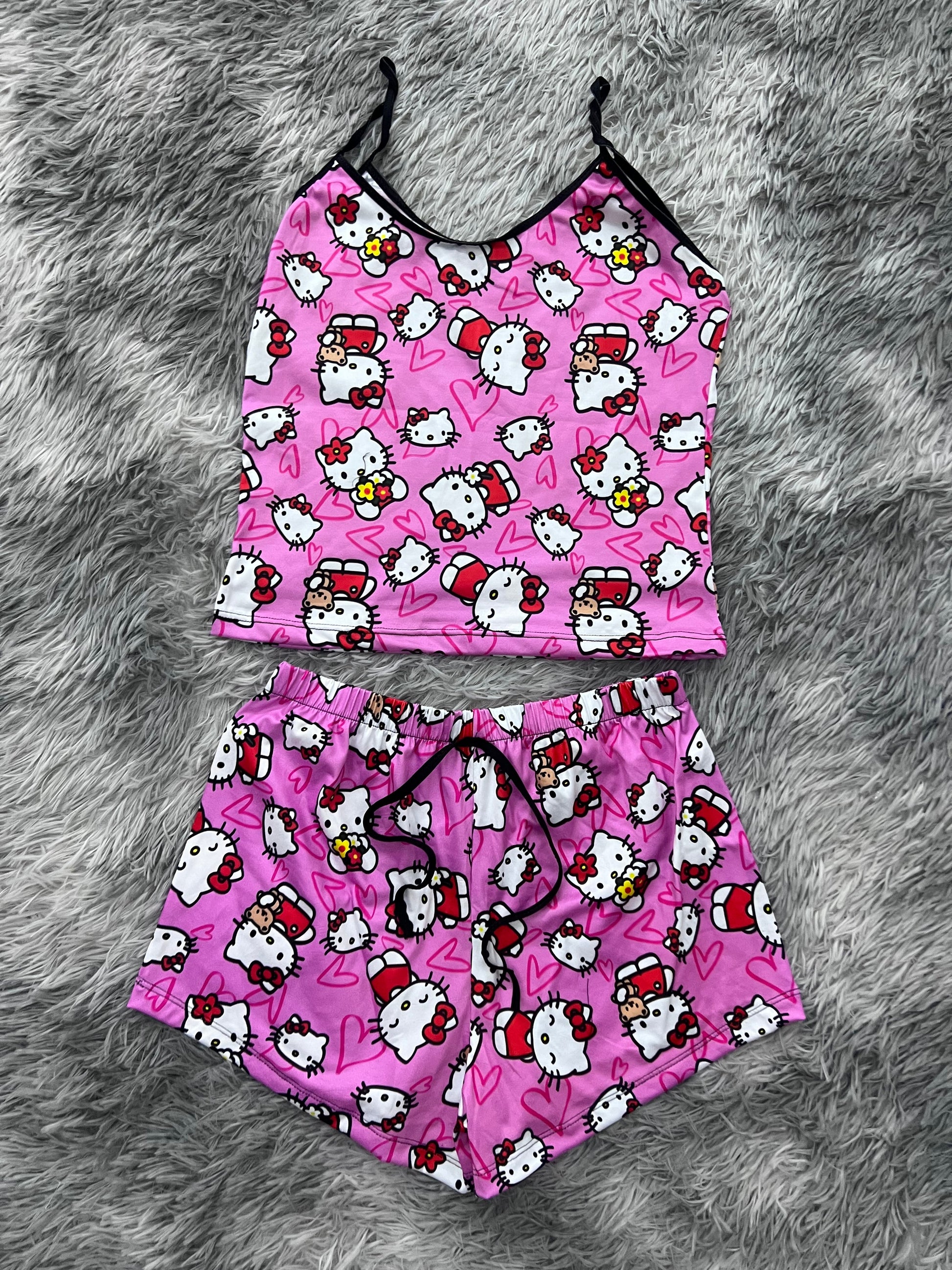 Hello Kitty With Plush Background Of Hearts Brush Matching Top & Short - Fundies