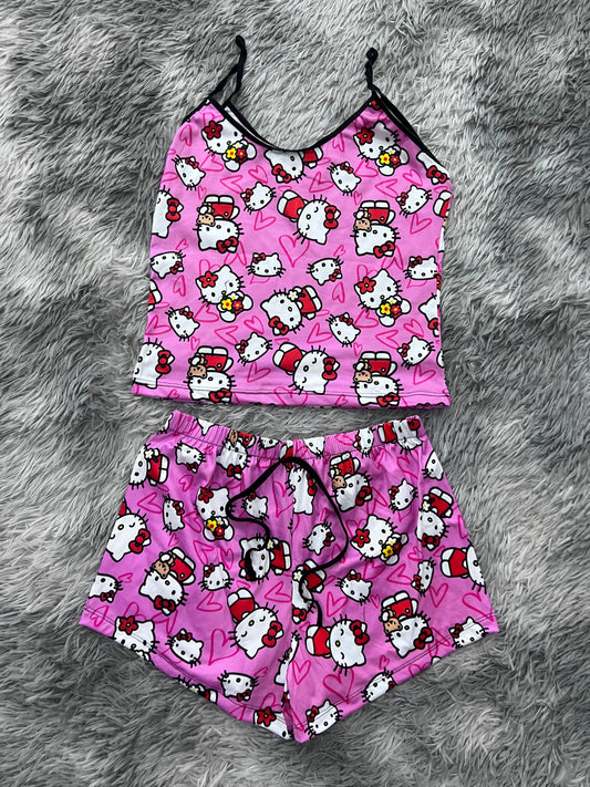 Hello Kitty With Plush Background Of Hearts Brush Matching Top & Short - Fundies