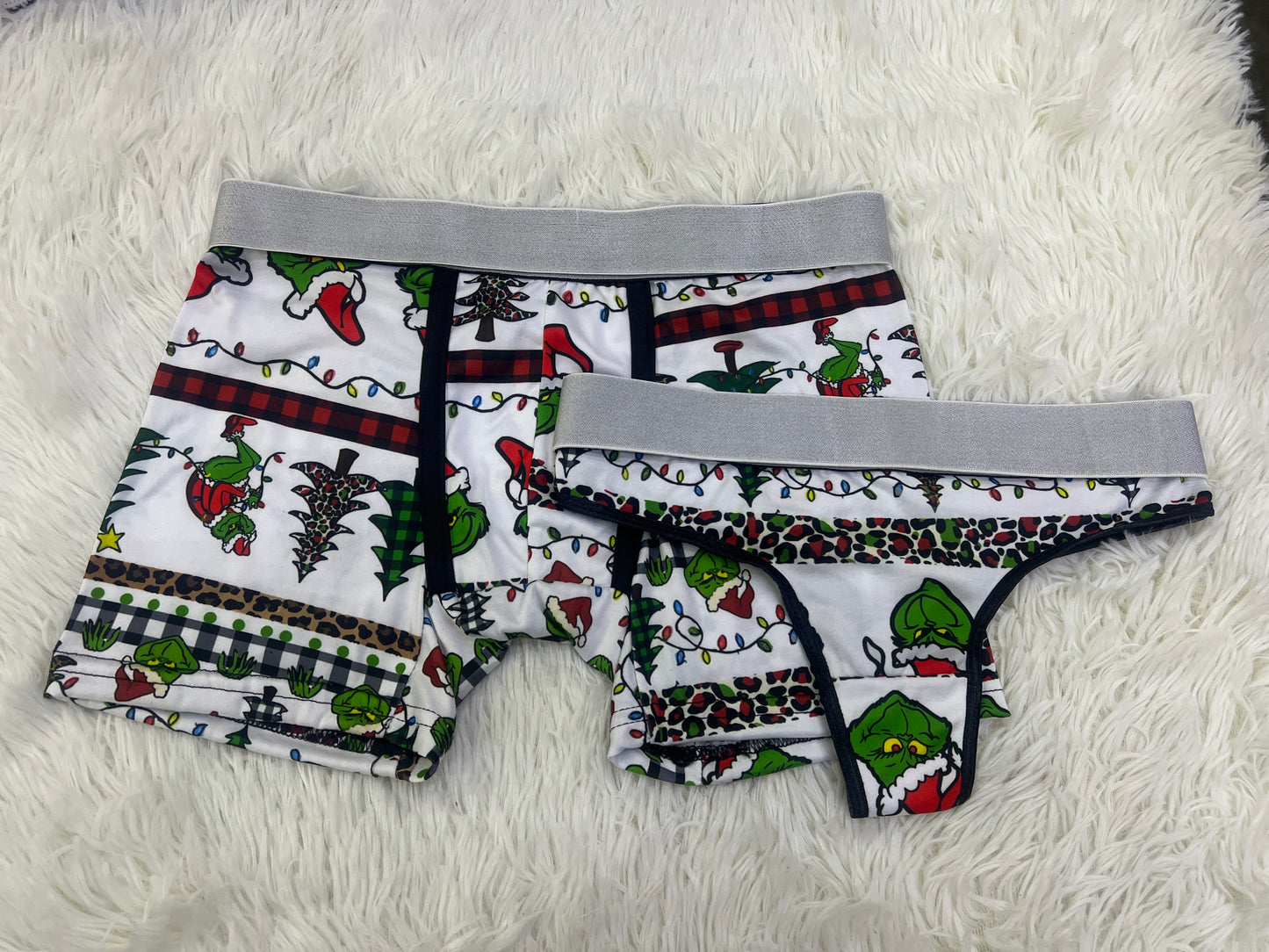 Grinch lights and Christmas tree matching couples underwear christmas