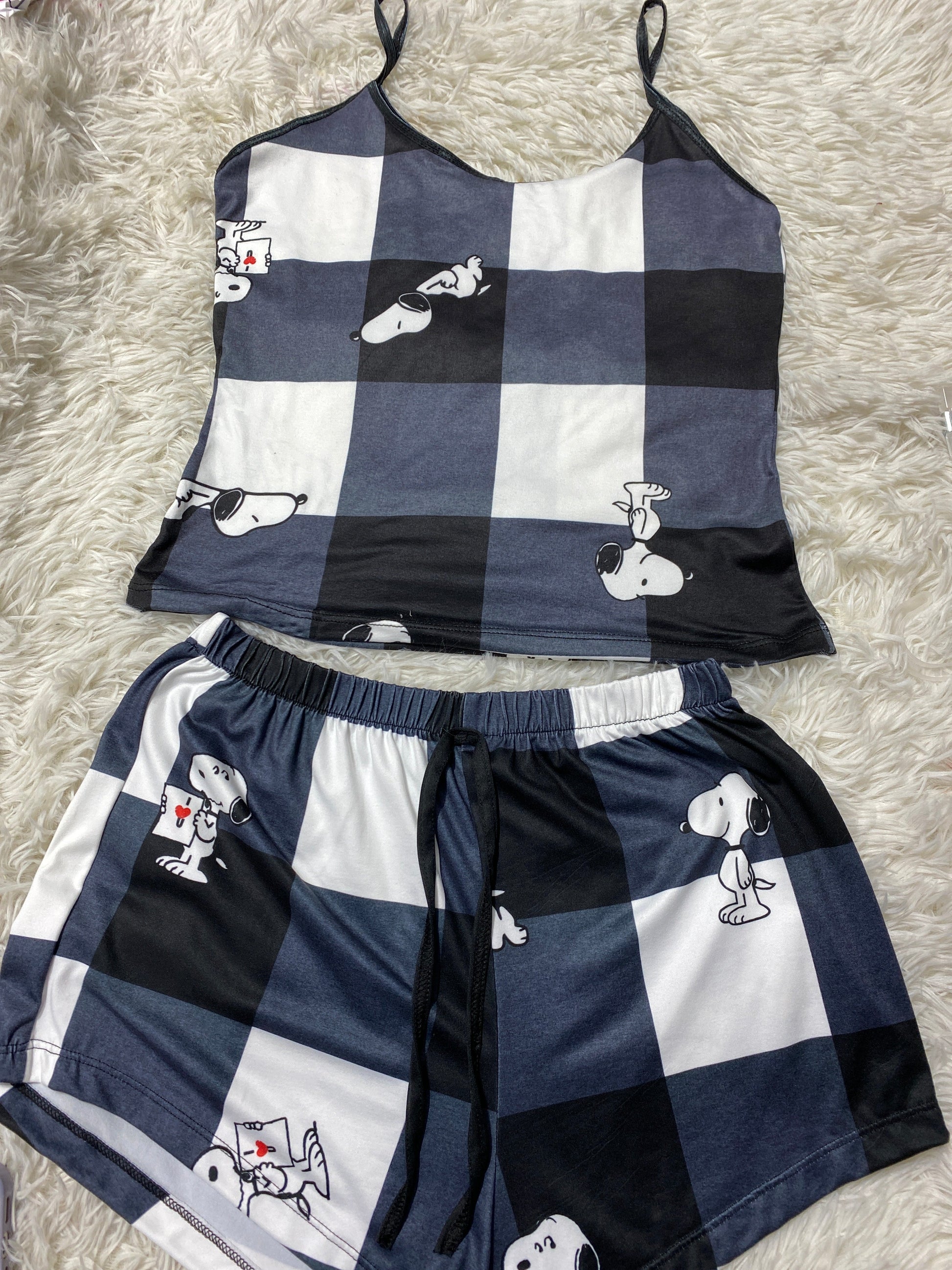 Snoopy Plaid Black And White Women's Pajama Set - Fundies