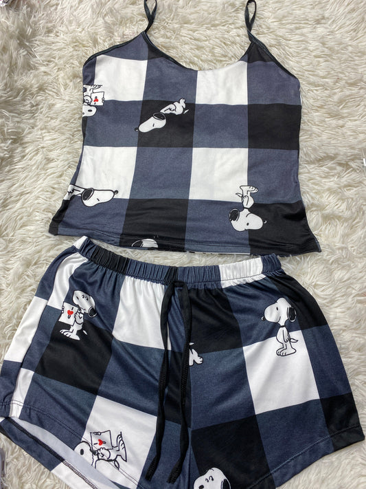 Snoopy Plaid Black And White Women's Pajama Set - Fundies