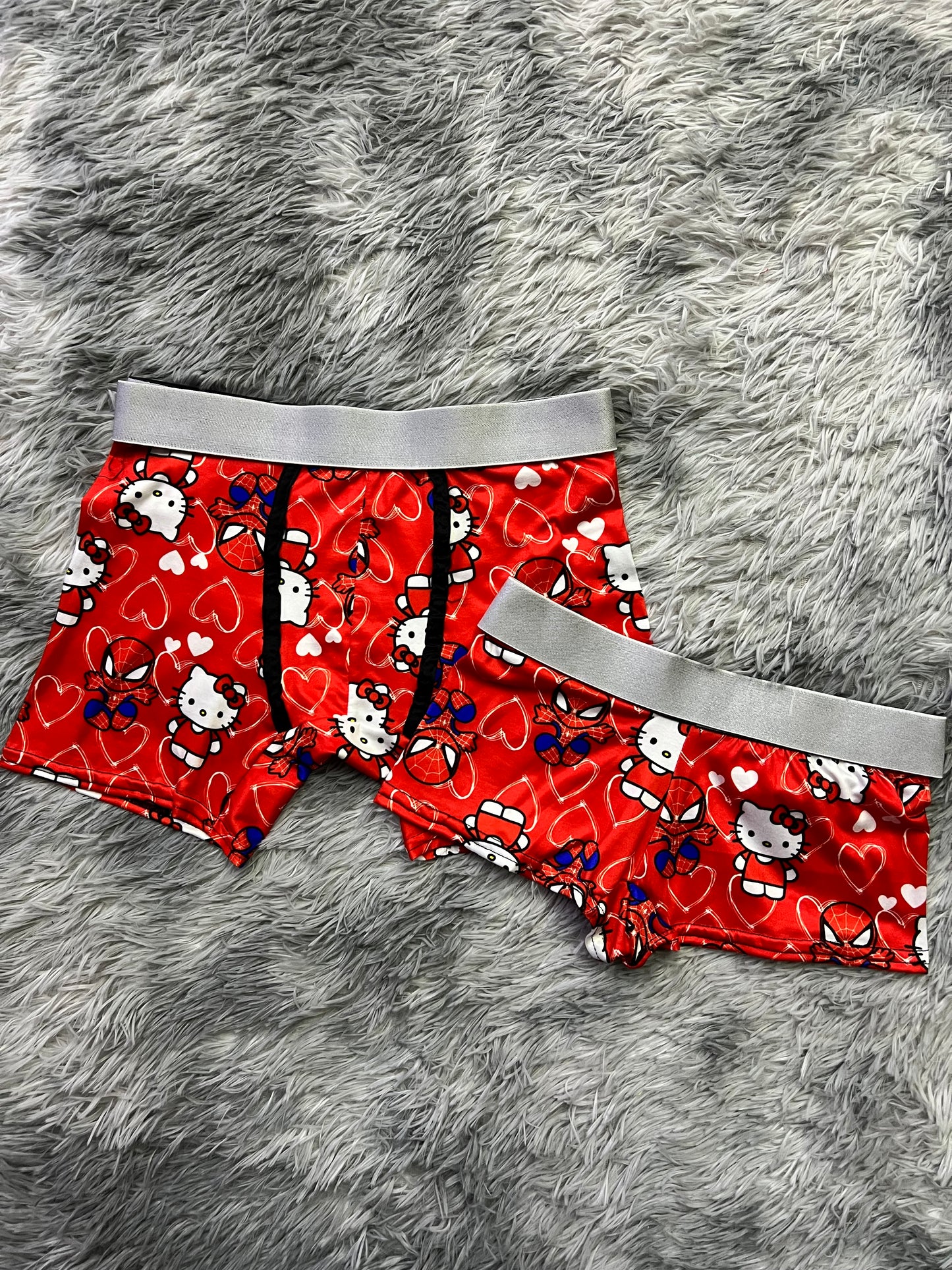 Kitty and Spiderman hearts red background matching boxer underwear