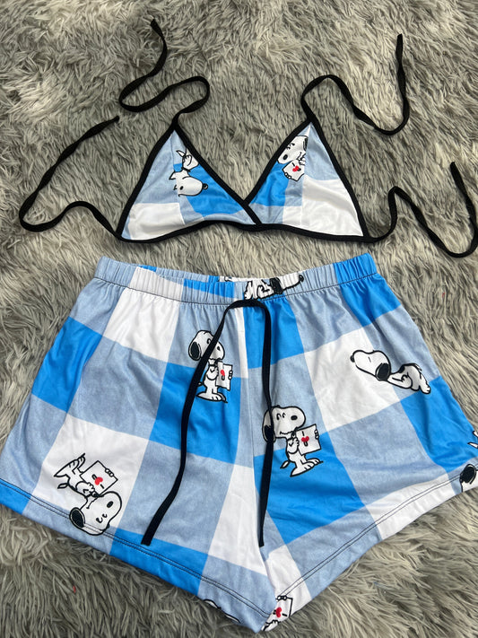 Snoopy Background Plaid Blue And White Matching Top & Short