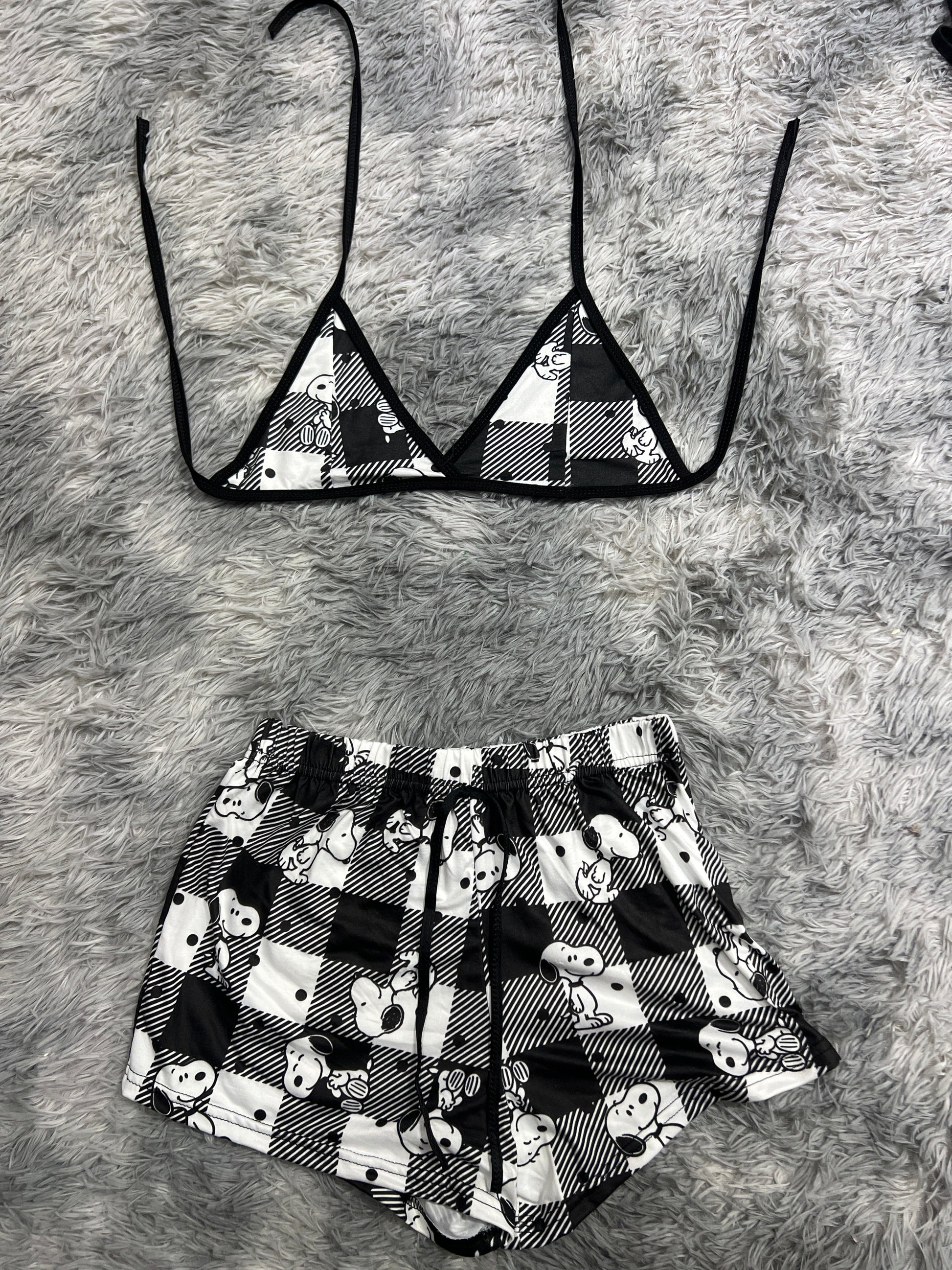 Snoopy Stripes And Plaid White And Black Brush Matching Top & Short - Fundies
