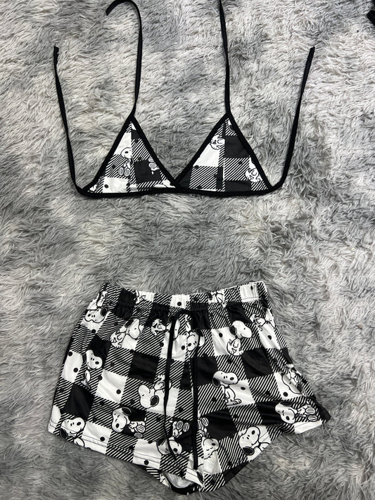 Snoopy Stripes And Plaid White And Black Brush Matching Top & Short - Fundies