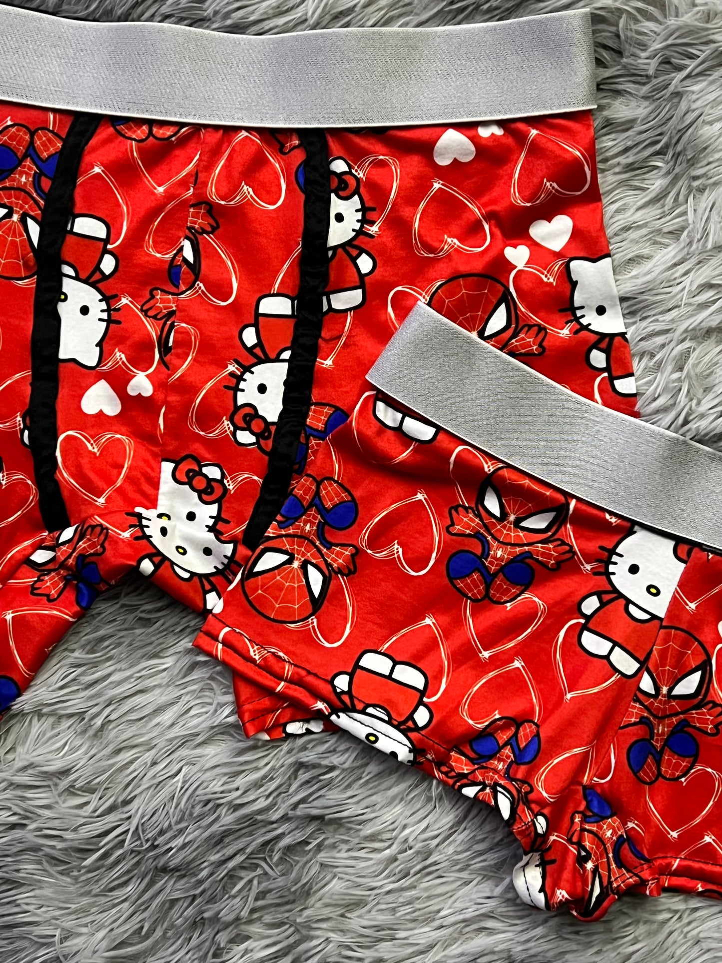 Kitty and Spiderman hearts red background matching boxer underwear